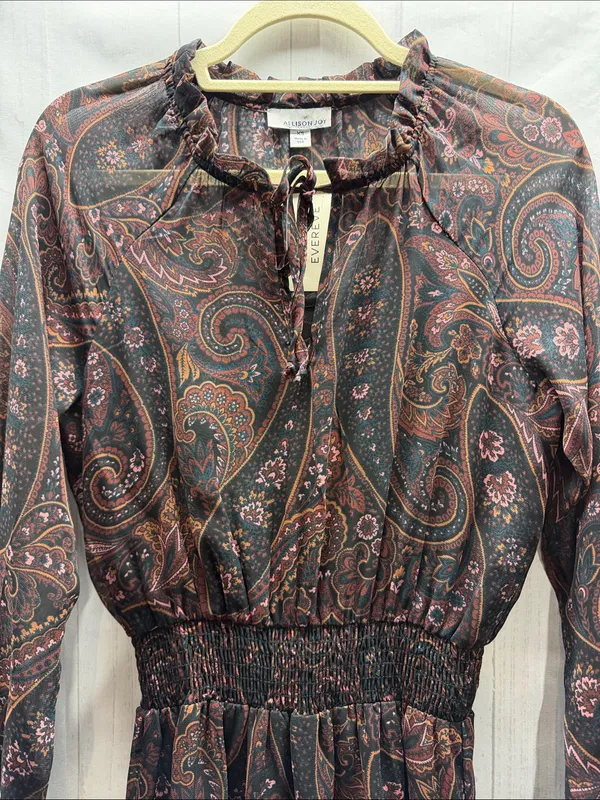 Allison Joy NWT Alexis Black Rust Pine Paisley Print Smocked Waist Midi Dress - Image 3