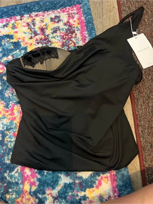 NWT Charlie suede London Black Draped Lace-Trim Top - Image 5