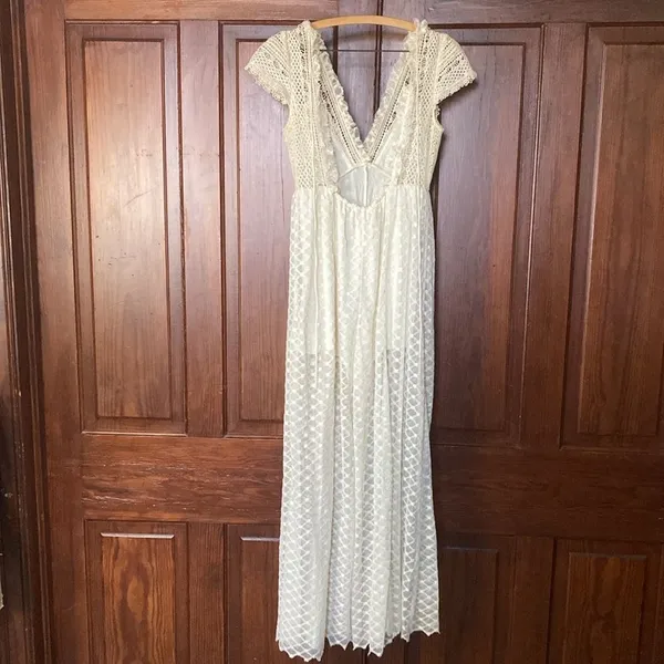 Free People Cleo Maxi Jumpsuit Lace Ruffle Cap Sleeve V-neck Wide Leg Cream S? - Image 4
