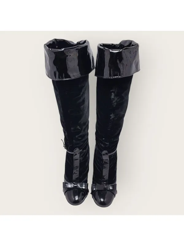 Laurence Dacade Velvet Patent Leather Bow Knee High Wedge Heels Boot Size 38 - Image 3
