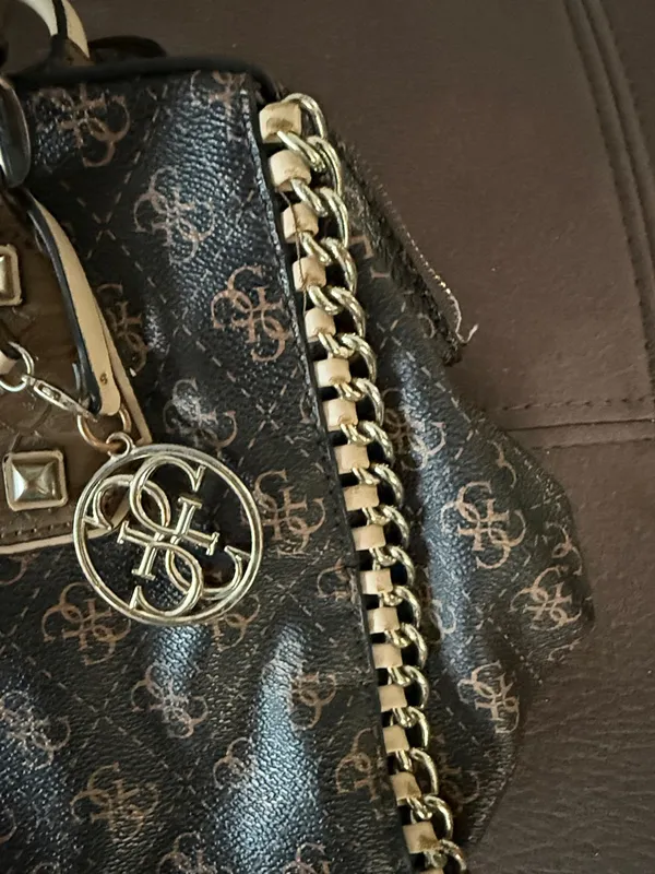 Vintage 2000s GUESS Brown &Tan Monogram Handbag/Shoulder Bag with Chain Detail - Image 5