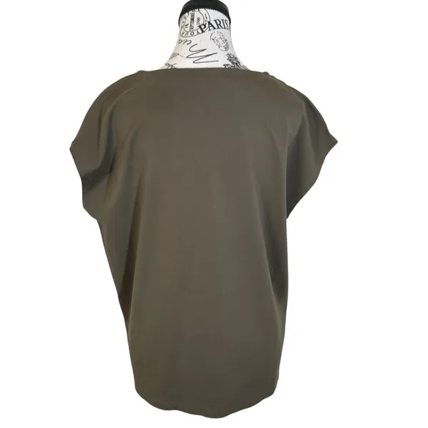 Women's Olive Green Blouse Size L Boat Neck Cap Sleeve Button Shoulder Relaxed - Image 3