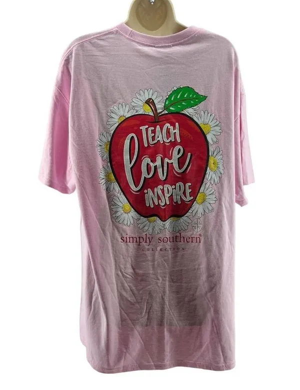 Simply Southern Preppy Teach Love Inspire Teacher Shirt Pink Womens Size XL - Image 6