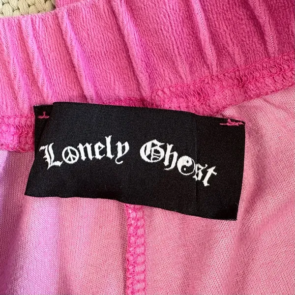 Lonely Ghost Y2K Pink Velour Rhinestone Wide Leg Tracksuit Pants Medium - Image 10