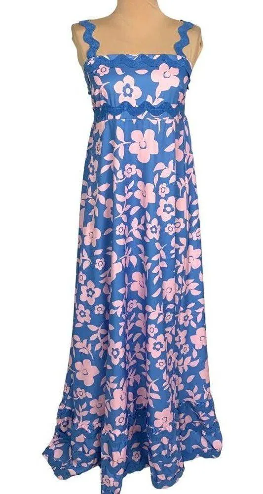 Romantic Boho Blue Pink Floral Maxi Dress M Ruffle Hem Scallop Straps Festival - Image 2