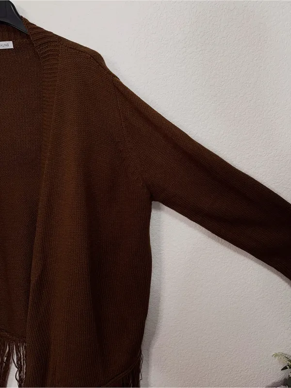 Miss Sparkling Brown Fringe Open Front Waterfall Longline Knit Cardigan - Image 5