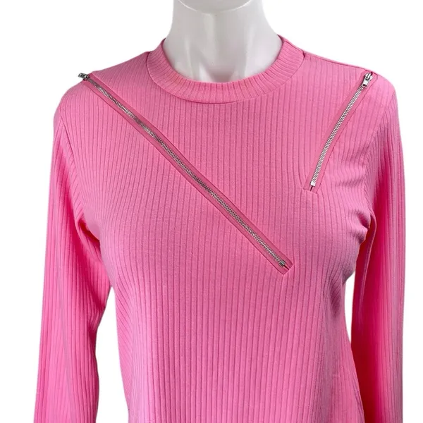 NEW Ma Cherie Pink Rib Knit Long Sleeve Aymmetric Zipper Cutout Sweater Top Sz L - Image 3