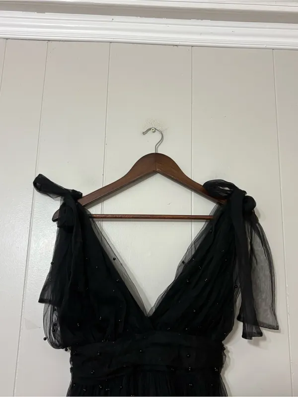 Lulus Tulle Proof Black Beaded Tie Shoulder Mini Dress NWT Size Small Party - Image 7