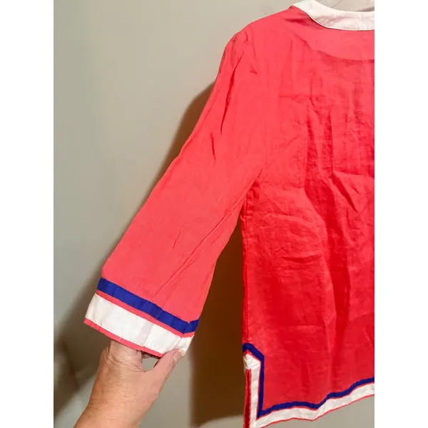 Boden‎ Linen Tunic Womens 6 Coral Pink Excellent Split V-Neck Contrast Trim Top - Image 10