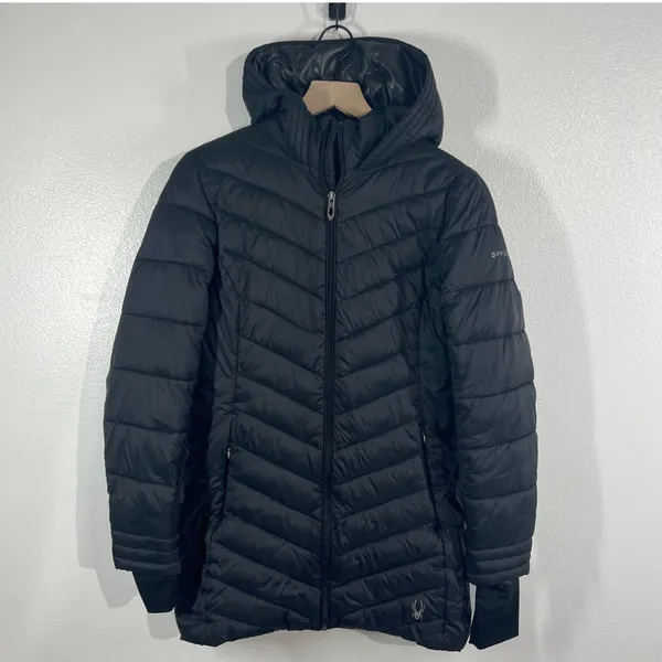 SPYDER Women Boundless Long Puffer Jacket Black Size S‎ ThermaWeb Quilted Hooded - Image 3