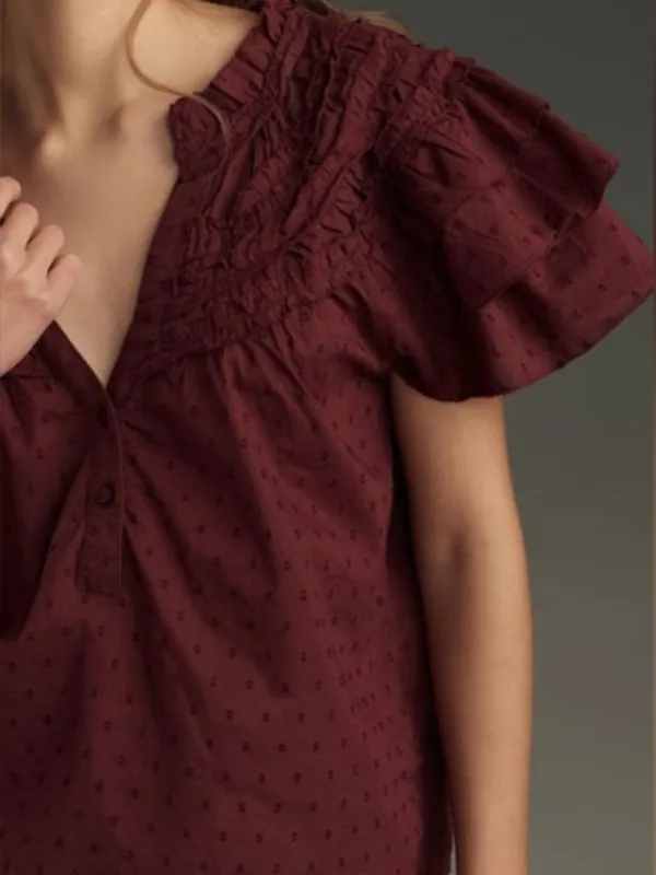 Anthropologie Layered-Sleeve Swiss Dot Henley Top (Small) - Image 4