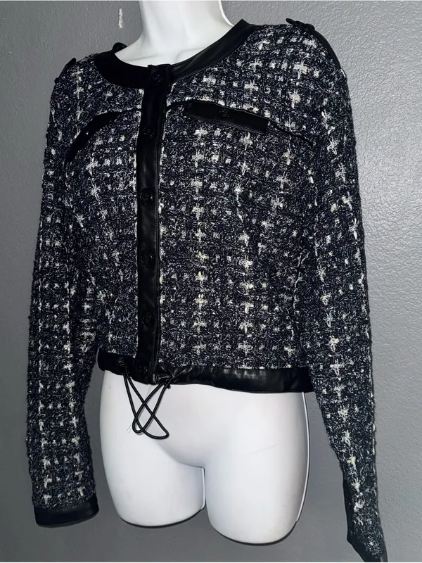 White House Black Market Black Tweed Style Cropped Leather Trim Jacket Large - Image 2