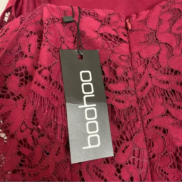 Boohoo Jess Lace Open Shoulder Dress Midi Berry NWT New Cocktail Straps‎ Bodycon - Image 4