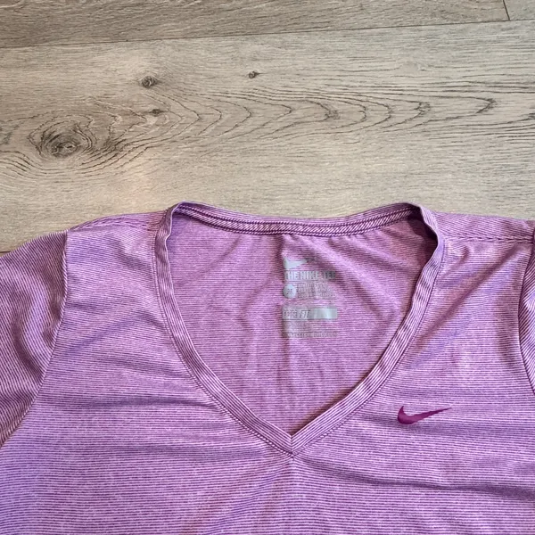 Nike Dri-FIT Womens Purple Striped VNeck Medium‎ M Athletic Cut Training T-Shirt - Image 3