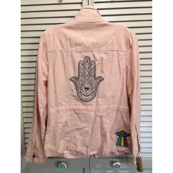 Utility Jacket Womens Peach Size Medium Pockets Tie‎ Waist Patches Embroidered - Image 5