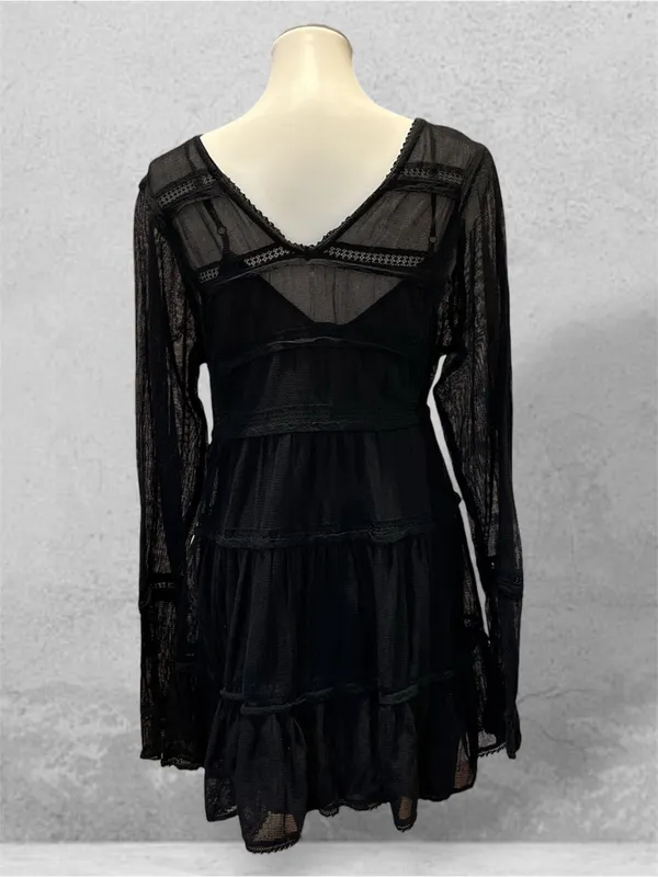 Free People Black Mesh Lace Tiered Mini Dress S - Image 6