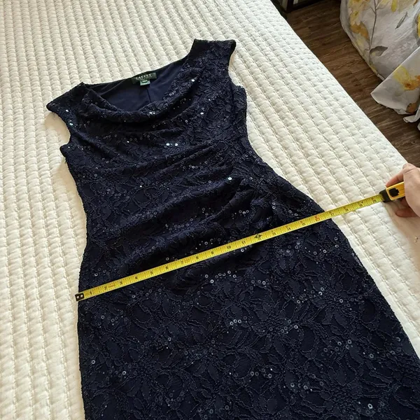 Lauren Ralph Lauren Blue Sequin Lace Ruched Sheath Cocktail Dress Sz 4 - Image 7