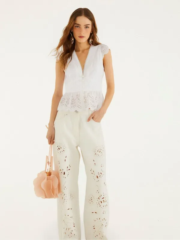 NWT Farm Rio Off-White Embroidered Lace Sleeveless Eyelet Blouse Top S - Image 2