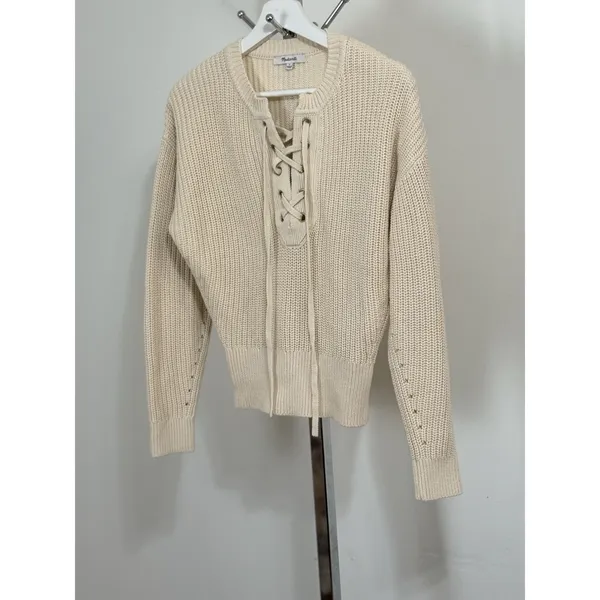 Madewell Lace Up Front Chunky Knit Sweater Cream Beige Long Sleeve Preppy Size S - Image 4