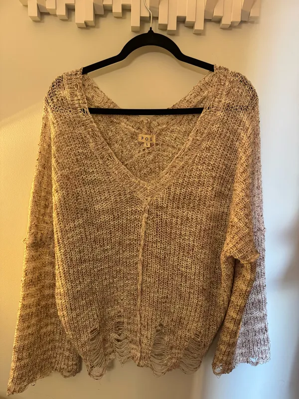POL Sweater Oversized Knit Distressed V-Neck Camel Brown - Image 2