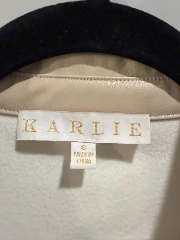 Karlie Puff Sleeve Button Front Collared Faux Leather Dress Beige - Image 4