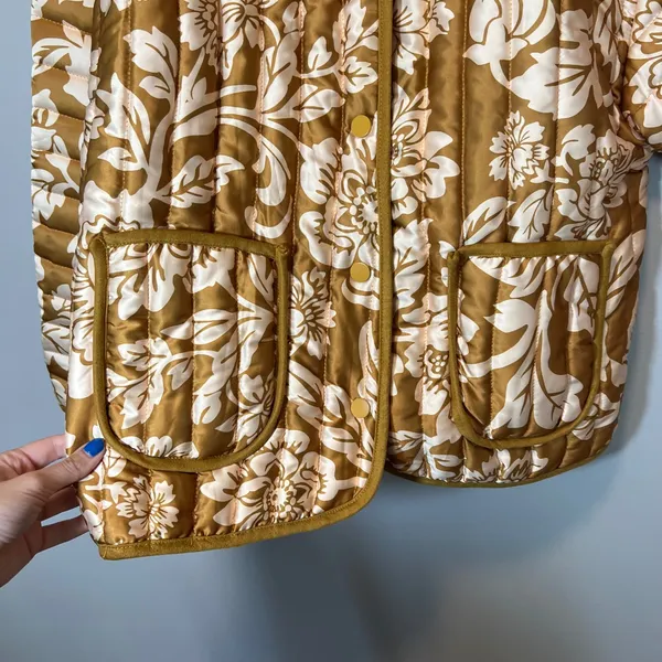 Flying Tomato Floral Quilted Puffer Jacket Mustard Gold Cream Boho Medium - Image 7