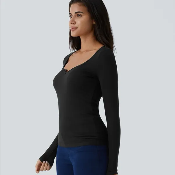 Halara 047HA.- Ribbed Scoop Neck Long Sleeve Slim Casual Top. Size Small - Image 3