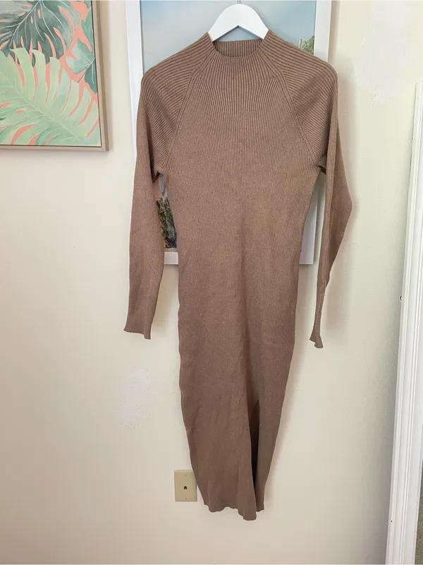Quince Eco-Knit Ribbed Mock Neck Sweater Dress in Warm Taupe Size Large - Image 2