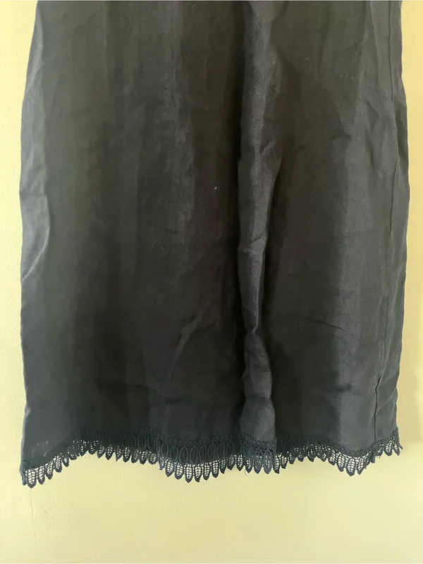 100% Linen Navy Blue Mini Shift Dress Small Lace Hem Euro Summer Coastal - Image 4
