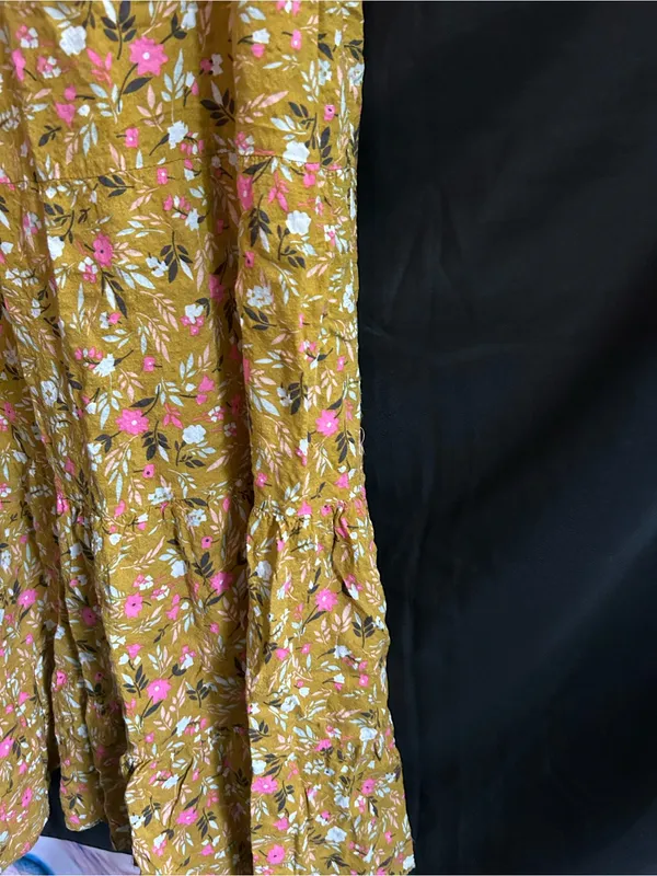 Floral Tiered Lightweight Maxi Dress in Mustard with Pink Floral Print SM - Image 4