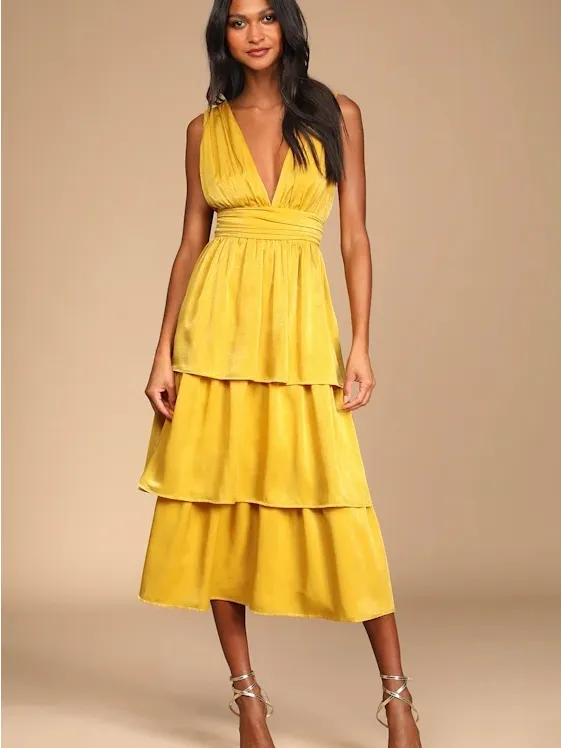 Lulu's Mustard Yellow Tiered V‑Neck Midi Dress - Image 3