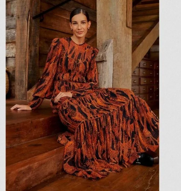 💕FARM RIO💕 Giraffes Black Puff Sleeve Maxi Dress ~ Giraffe Print Small S NWOT - Image 6