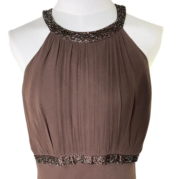 Jones New York Brown Silk Beaded Halter Maxi Dress Formal Evening Size 14 - Image 4