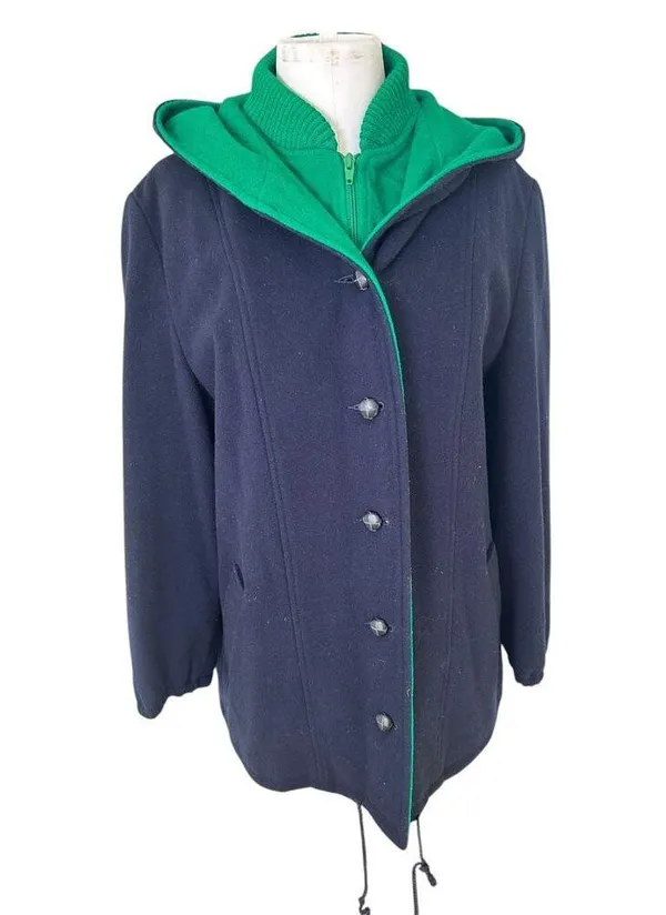 Vintage Authentic MacKintosh Vestcoat Navy Blue Green Button Wool Coat Hooded 14 - Image 4