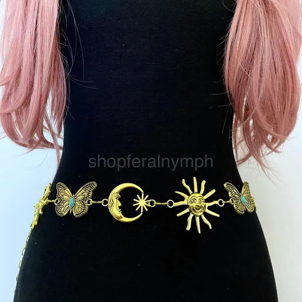 Gold Y2K Celestial Sun Moon Butterfly Chain Belt, Fits 30 to 47 Inches, X7GA1325 - Image 3