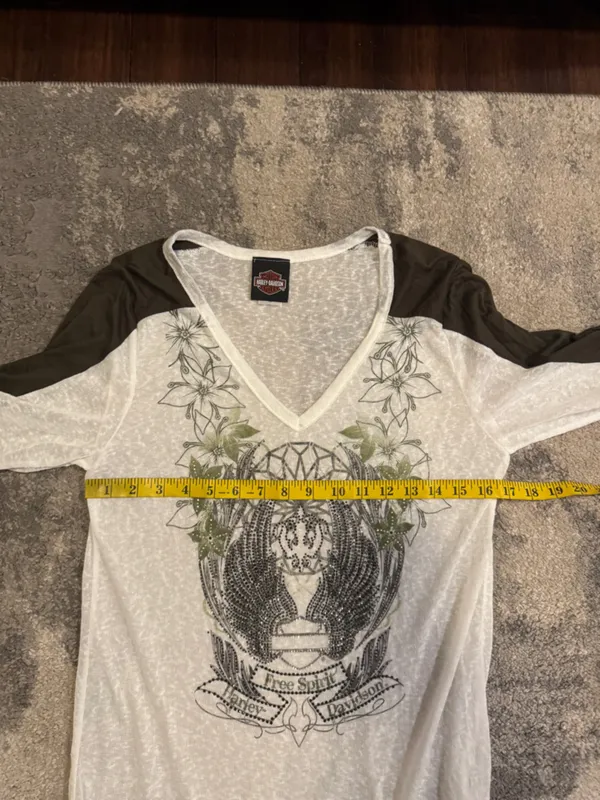 Harley-Davidson White V-Neck Graphic Raglan Tee with Olive Sleeves - Image 6