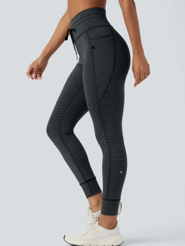 High Waisted Drawstring Striped Yoga Leggings with Pockets Size Small Athleisure - Image 8