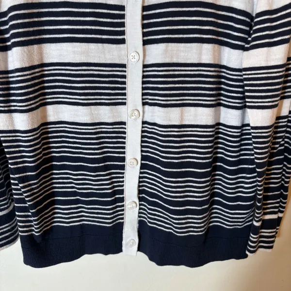 LOFT Striped Button‎ Front Cardigan Sweater Size Large White Navy - Image 3