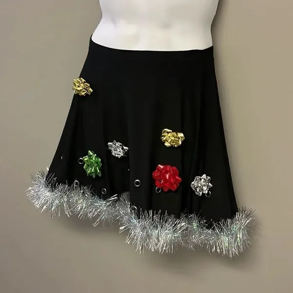 Btween Us Black Fit and Flare Ugly Christmas Skirt w/ Bows & Tinsel Garland- Med - Image 2