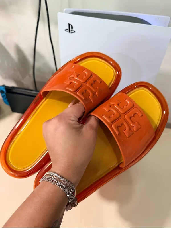 Orange Logo Slide Sandals with Yellow Footbed - Image 6