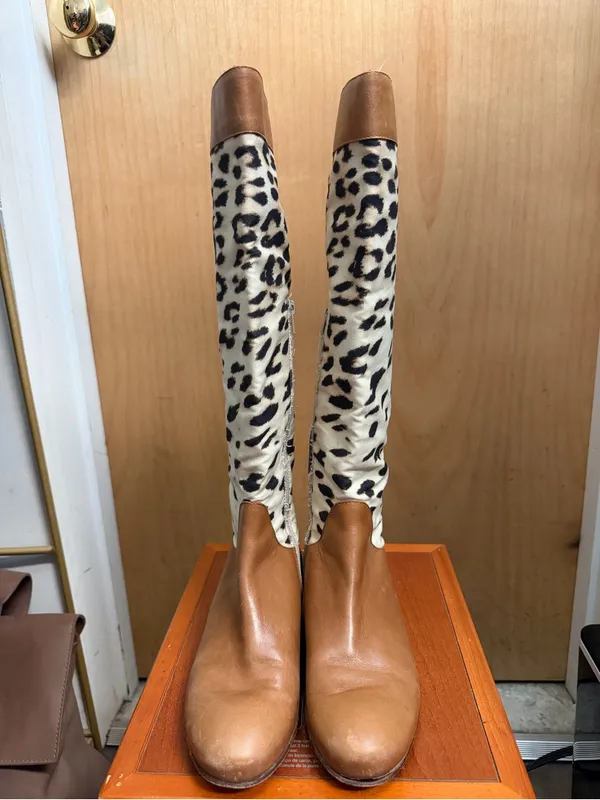 Vero Cuoio Women’s Brown Leather Leopard Print Knee High Boots. Size: 7.5 - Image 4