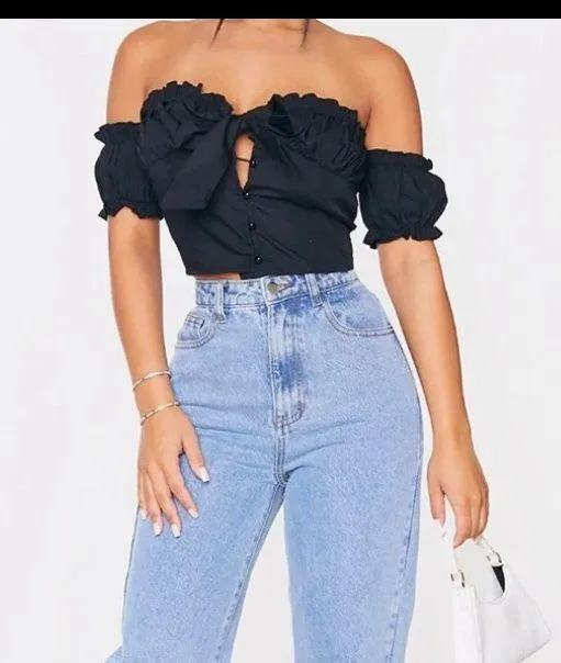 New s Petite Black Frill Detail Crop Blouse - Image 3