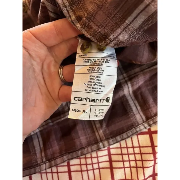 WOMENS CARHARTT PURPLE PLAID LONG SLEEVE SHIRT Large 12 14 - Image 4