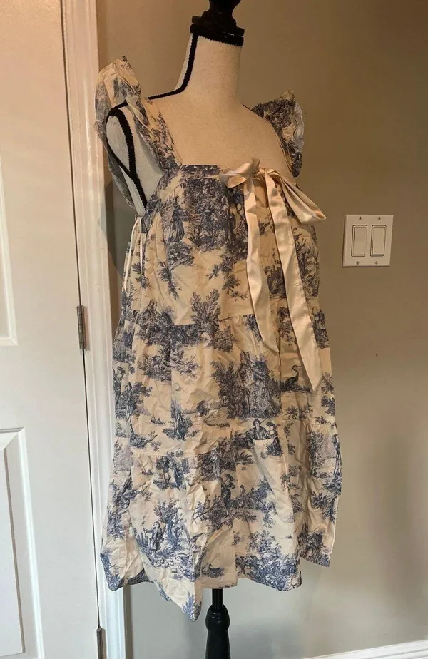 Blue and cream toile mini dress small - Image 4