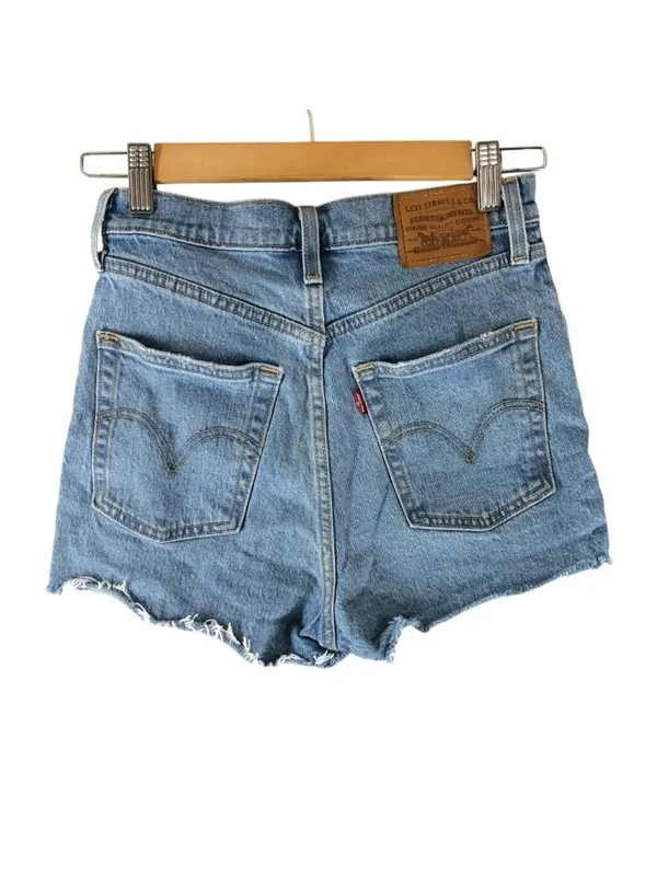 Levis Womens Ribcage Jean Shorts Blue Distressed Medium Wash Stretch Pockets 26 - Image 2
