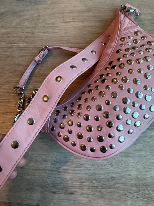 Núnoo Pluto Rivet Silky Pink Leather Crescent Studded Shoulder Bag Y2K - Image 8