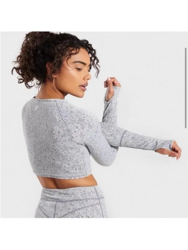 Gymshark Dry Grey Marl Long Sleeve Crop Top Keyhole Thumbhole Womens XS - Image 8
