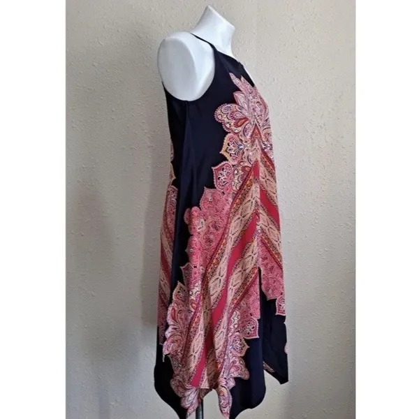 MAGGY LONDON Navy And Coral Floral Asymmetrical handkerchief Gypsy Dress Size 12 - Image 2