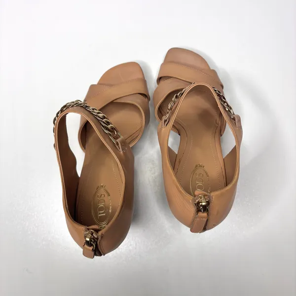 Tod’s Tan, Nude Leather Gold Chain Link Platform Heeled Sandals 39 - Image 8
