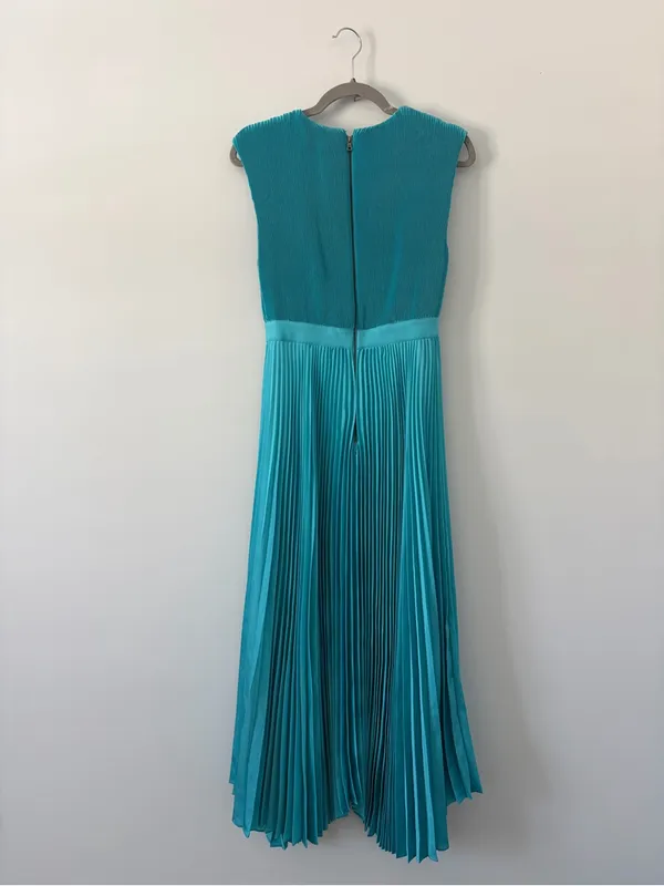 Alice + Olivia Joleen V Neck Pleated Skirt Handkerchief Midi Dress Teal Blue 4 - Image 7